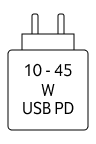 Das Gerät kann mit Netzteilen geladen werden, die eine Leistung zwischen 7,5 und 45 Watt USB PD liefern.