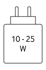 Das Gerät kann mit Netzteilen geladen werden, die eine Leistung zwischen 10 und 25 Watt USB PD liefern.